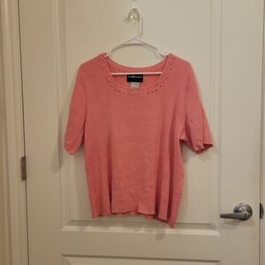 Sag Harbor Pink Short Sleeve Knit Top with Crochet Scoop Neck